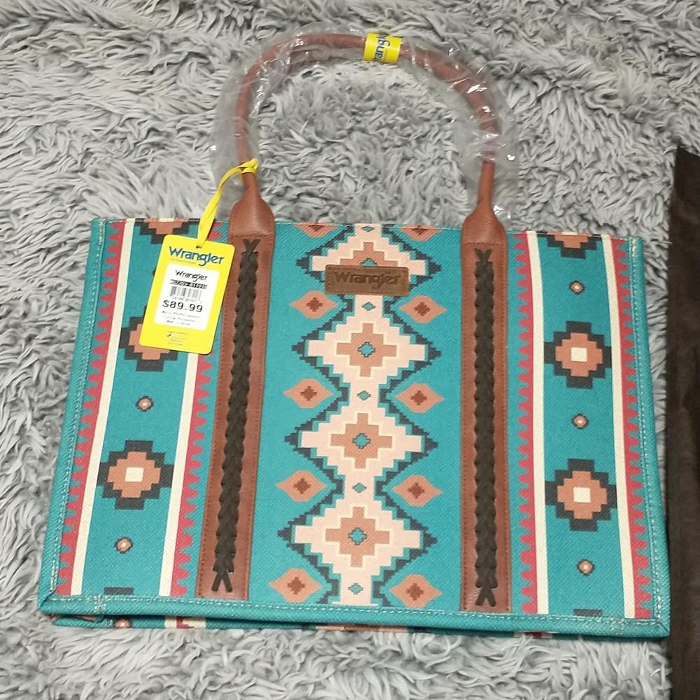 Wrangler Turquoise Aztec-Pattern Large Tote with Brown Trim - Picture 4 of 7